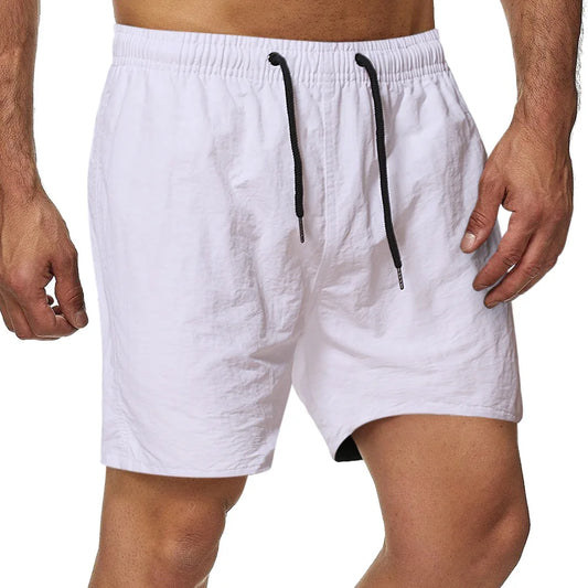Summer Solid Color Casual Shorts Men Quick Drying Beach Short Pants Mens Sports Fitness Drawstring Elastic Waist Shorts Man